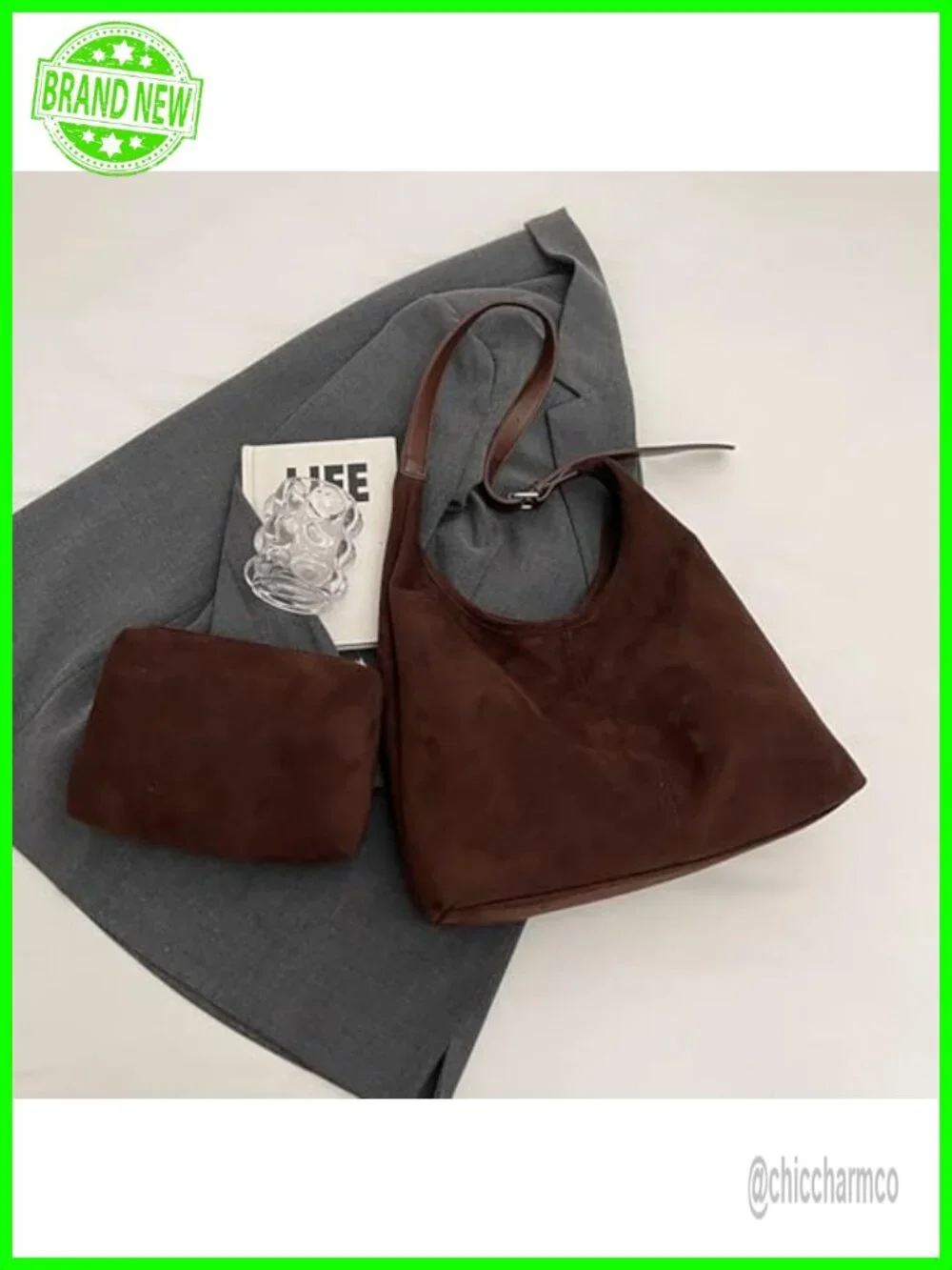 Trendy Faux Suede Hobo Tote Shoulder Handbag with Adjustable Strap and Pouch